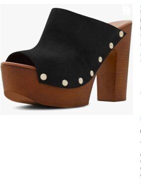 YDN Black Peep Toe Studded Mules Platform Chunky High Heel Sandals Slip on Shoes